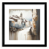 Abstract architectural wall art framed in black with a mat, showcasing geometric shapes and bold colors, perfect for modern interior decor. This stylish piece adds a contemporary touch to any living space or office environment.