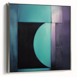 Abstract geometric framed canvas artwork in silver, showcasing intricate shapes and patterns, displayed in a modern living room setting, enhancing contemporary decor.