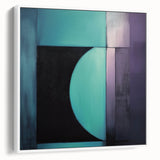 Abstract geometric framed canvas art in a modern white frame, showcasing a vibrant design with intricate shapes and colors, ideal for contemporary home decor.