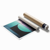 Abstract geometric rolled print showcasing vibrant colors of blue, orange, and yellow, designed for modern home decor, securely packaged in a protective cardboard tube.