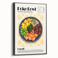 Black and white framed canvas featuring a vintage poster art style landscape of food dishes, ideal for bedroom wall decor.