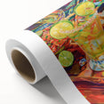 Art deco poster featuring stylized food and drink illustrations on rolled canvas, suitable for dining room decor.