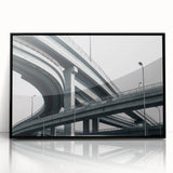 Framed acrylic artwork showcasing a contemporary landscape bridge design in black, highlighting intricate details and modern aesthetics, perfect for home decor.