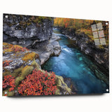 Acrylic landscape artwork showcasing a vibrant canyon scene, mounted with stylish pins, featuring rich earth tones and intricate details, ideal for home decor.