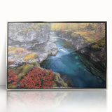 Framed acrylic artwork showcasing a stunning landscape of canyons with rich earthy tones and dramatic textures, perfect for enhancing modern home decor.