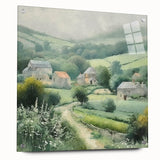 Landscape wall art depicting a serene countryside scene, displayed in a sleek acrylic frame with visible mounting pins, ideal for enhancing home decor.