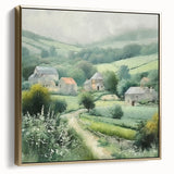 Framed landscape wall art depicting a serene countryside scene with silver and gold accents, ideal for home decor. The canvas captures vibrant colors and intricate details, adding elegance to any room.