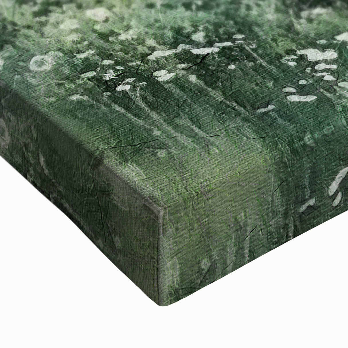 Close-up of a vibrant landscape countryside wall art design printed on stretched canvas, showcasing lush green fields, a serene blue sky, and warm earth tones, perfect for home decor.