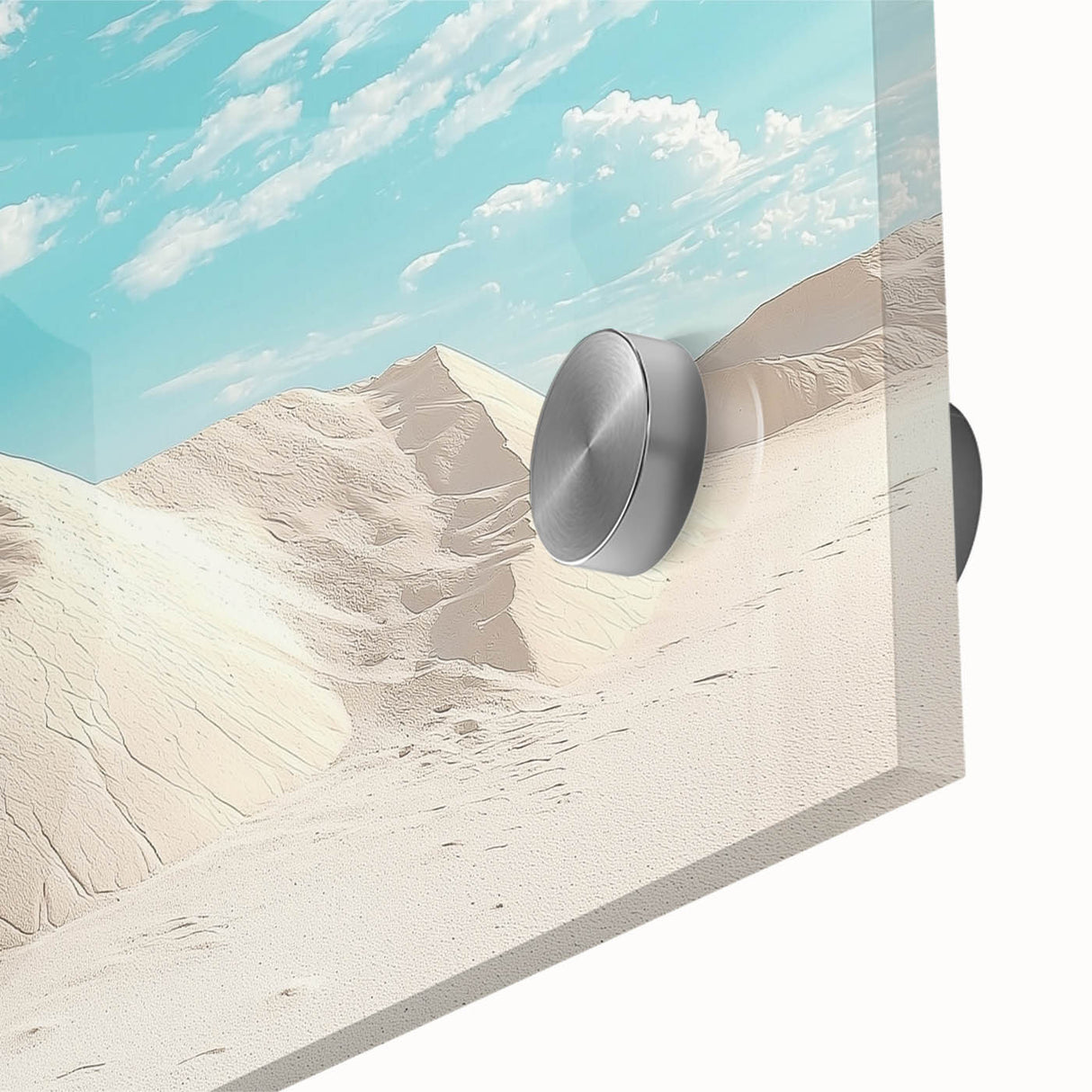 Close-up of a vibrant desert landscape design printed on acrylic glass, showcasing intricate textures and warm earthy tones, perfect for modern home decor accents.