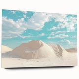Vibrant desert landscape acrylic artwork displayed in a sleek glass frame, showcasing warm hues of orange and yellow, ideal for modern home decor.