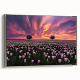 Framed canvas artwork showcasing a serene landscape of rolling fields, accented with a silver frame, perfect for enhancing modern home decor with nature-inspired aesthetics.