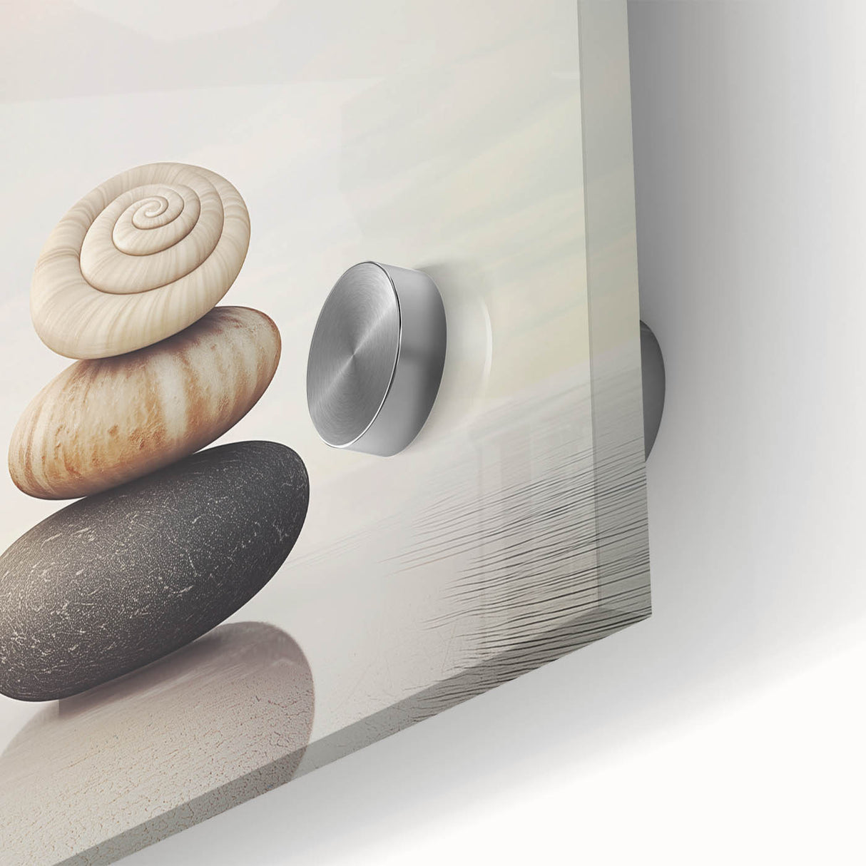 Large abstract wall art featuring close-up nature elements in muted green and brown tones on acrylic glass.