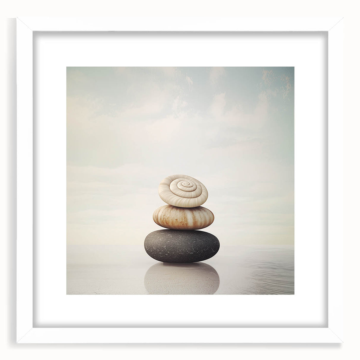 Abstract art print featuring close-ups of natural elements in muted green and brown tones, framed with a white mat.