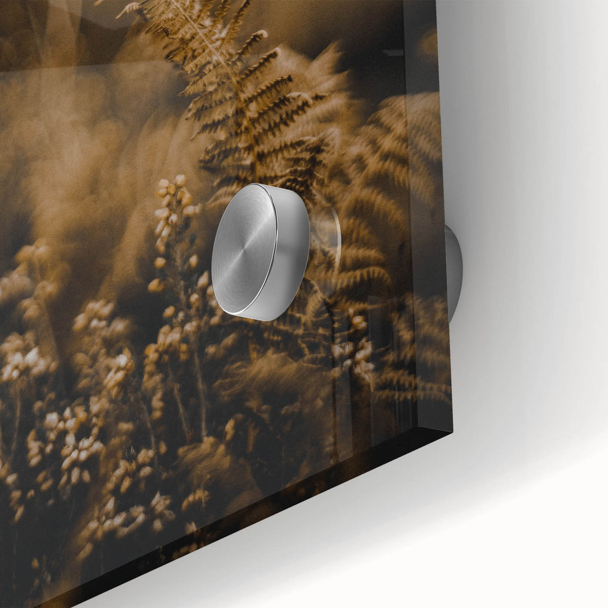 Large abstract wall art featuring mid-century modernist style with warm autumnal tones on acrylic glass.
