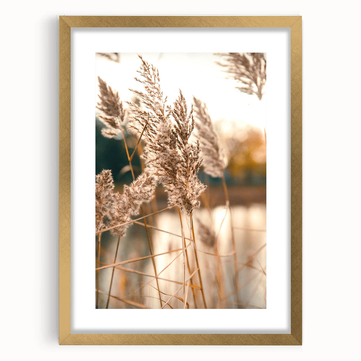 Extra large abstract art print featuring textured swirls in warm orange and yellow tones, framed in gold.