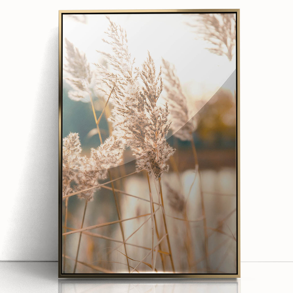 Large art print of a mid-century modernist summer scene, framed in gold acrylic, ideal for nursery wall decor.
