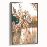 Landscape art painting of a summer scene on a framed canvas, featuring colorful foliage against a black background.