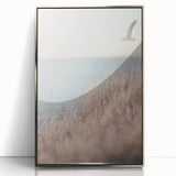 Mid-century modernist art featuring geometric shapes in pastel colors, acrylic print framed in silver.