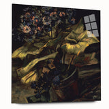 Large abstract wall art of swirling blue and yellow patterns on acrylic glass, suitable for bedroom or dining room decor.