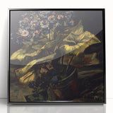 Large abstract wall art featuring swirling blue and yellow patterns on a framed acrylic print.