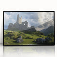 Framed acrylic artwork showcasing a stunning landscape with a castle, featuring a sleek black frame. Ideal for home decor, this piece adds a touch of elegance to any room.