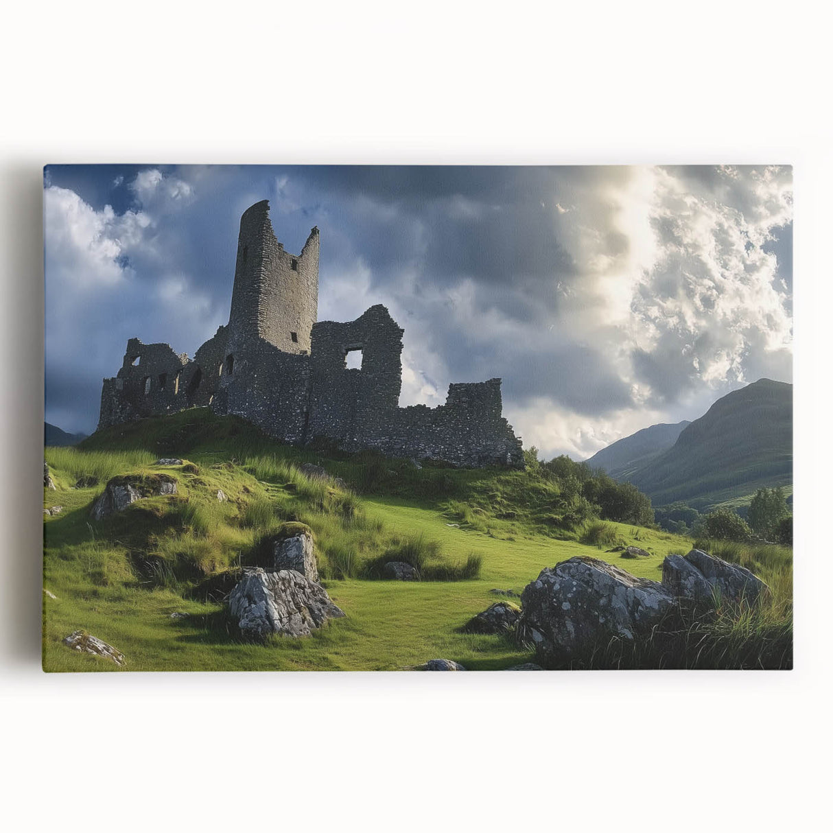 Stretched canvas artwork showcasing a vibrant landscape featuring a majestic castle surrounded by lush greenery and a clear blue sky, ideal for home decor.