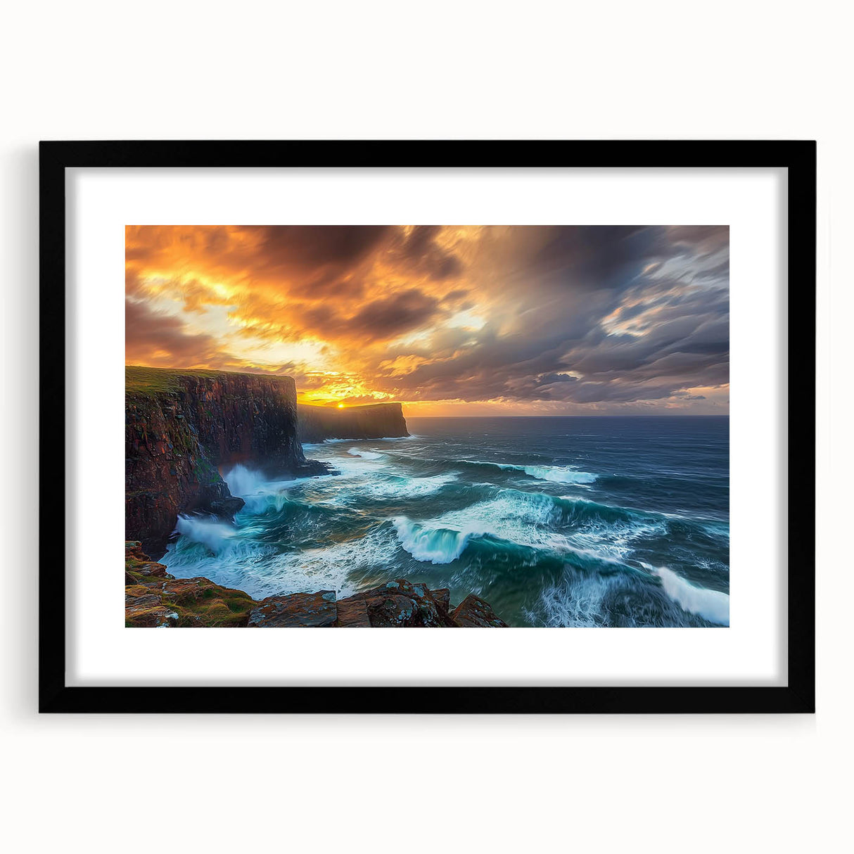 Framed landscape artwork showcasing dramatic cliffs, featuring a sleek black mat and frame, perfect for enhancing modern decor in any room.