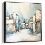 Framed canvas wall art showcasing a modern abstract architectural design, featuring bold black lines and geometric shapes, ideal for contemporary home decor.