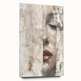 Abstract figurative wall art displayed in a side view, showcasing vibrant colors and intricate designs on acrylic glass, secured with pins for stability.