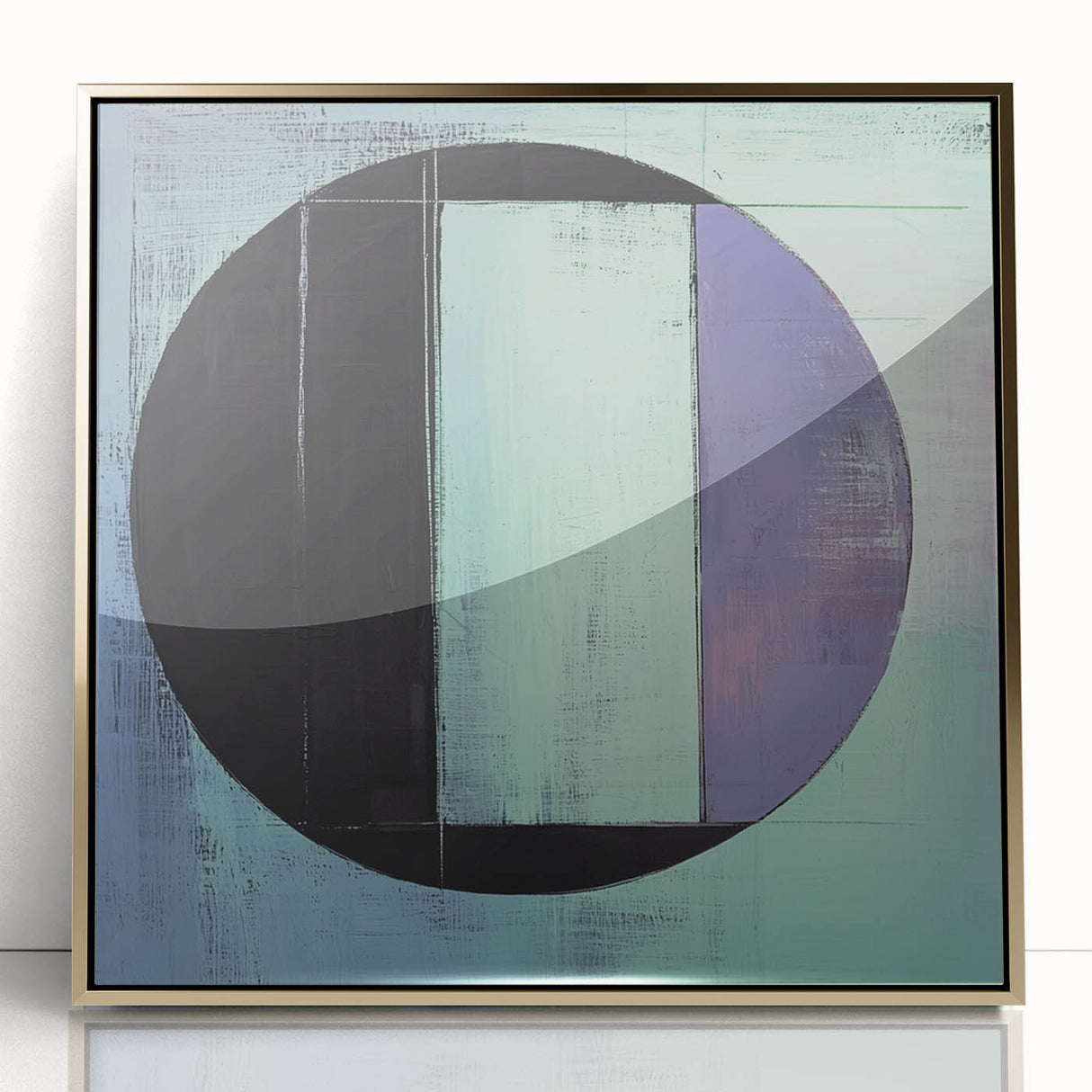 Framed acrylic artwork showcasing an abstract geometric design in gold hues, perfect for modern interior decor. Ideal for enhancing living spaces with contemporary elegance.