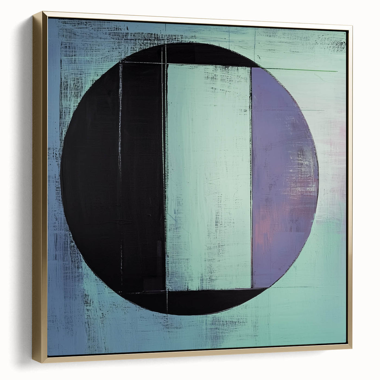 Abstract geometric framed canvas artwork in silver and gold tones, showcasing intricate shapes and patterns, perfect for modern home decor or office spaces.