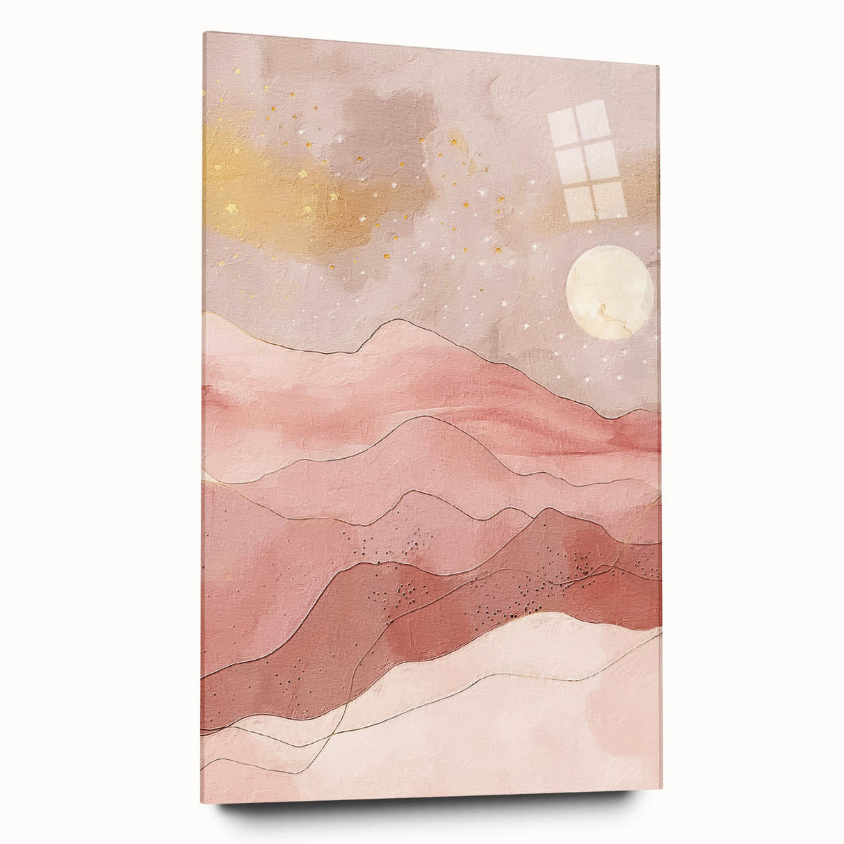 Abstract landscape wall art displayed in a sleek acrylic frame, showcasing vibrant colors and intricate patterns, perfect for modern home decor. A side view highlights the frameless design, emphasizing the artwork's depth and contemporary aesthetic.
