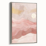 Framed canvas art showcasing an abstract landscape design with vibrant colors and a sleek silver frame, ideal for modern home decor.