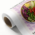 Art deco poster featuring assorted food dishes in muted colors on rolled canvas, suitable for dining room wall art.