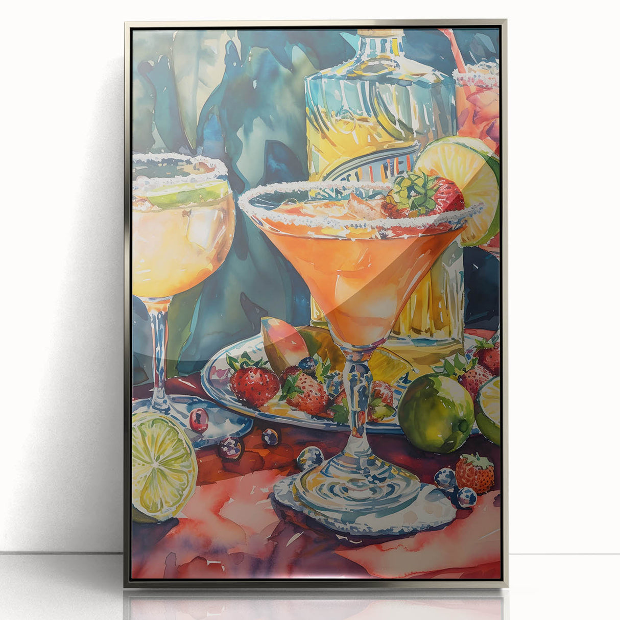 Mid-century modernist art featuring a stylized cocktail, in muted pastels, framed acrylic print.