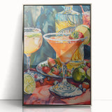 Mid-century modernist art featuring a stylized cocktail, in muted pastels, framed acrylic print.