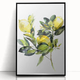 Large abstract wall art featuring assorted fruits in bold colors on black acrylic, framed, ideal for modern kitchen decor.