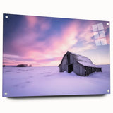 Acrylic glass artwork of a landscape barn design, showcasing vibrant colors and detailed textures, presented in a side view with decorative pins for display.