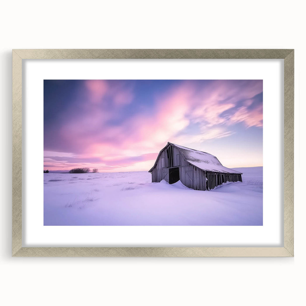 Landscape barn frame showcasing a silver mat, elegantly presenting a scenic artwork. The frame features intricate detailing, perfect for enhancing home décor.