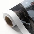 Rolled canvas artwork depicting a vibrant landscape bridge scene, showcasing intricate details and rich colors, elegantly packaged in a protective cardboard tube for safe shipping.