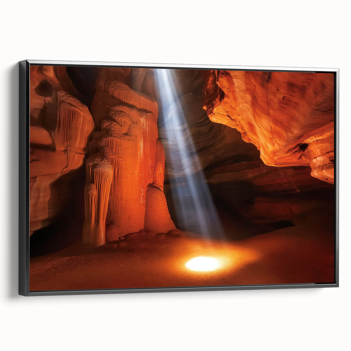 Framed black canvas print showcasing a stunning landscape of canyons, emphasizing rich earth tones and dramatic rock formations, perfect for home decor.