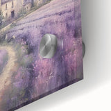 Close-up of a vibrant acrylic landscape wall art piece depicting a serene countryside scene, featuring lush green fields and a clear blue sky, perfect for home decor.