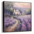 Framed landscape wall art depicting a serene countryside scene with rolling hills and lush greenery, presented in a sleek black frame, ideal for home decor.
