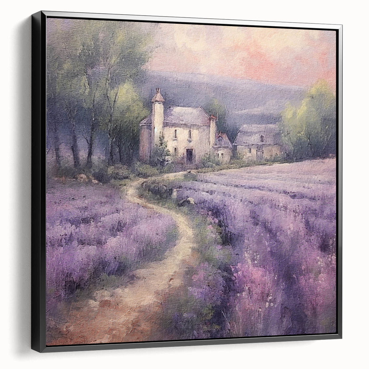Framed landscape wall art depicting a serene countryside scene with rolling hills and lush greenery, presented in a sleek black frame, ideal for home decor.