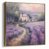 Framed landscape wall art showcasing a serene countryside scene with vibrant greens and soft gold accents, ideal for enhancing home decor aesthetics.
