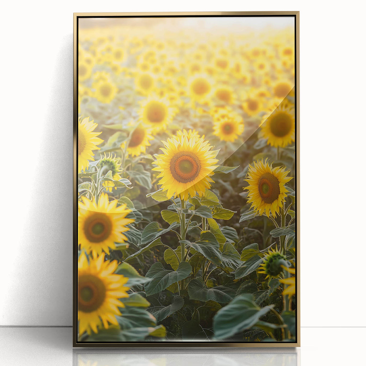 Framed acrylic artwork showcasing a serene countryside landscape with vibrant colors and gold accents, ideal for enhancing home decor in living spaces.