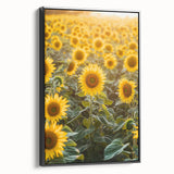 Framed canvas artwork depicting a serene countryside landscape featuring rolling hills and a vibrant sunset, showcased in a sleek black frame for an elegant finish.