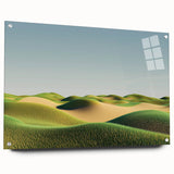 Acrylic landscape art piece showcasing vibrant green fields and a serene blue sky, displayed from the side with elegant pins for secure mounting, ideal for modern decor.