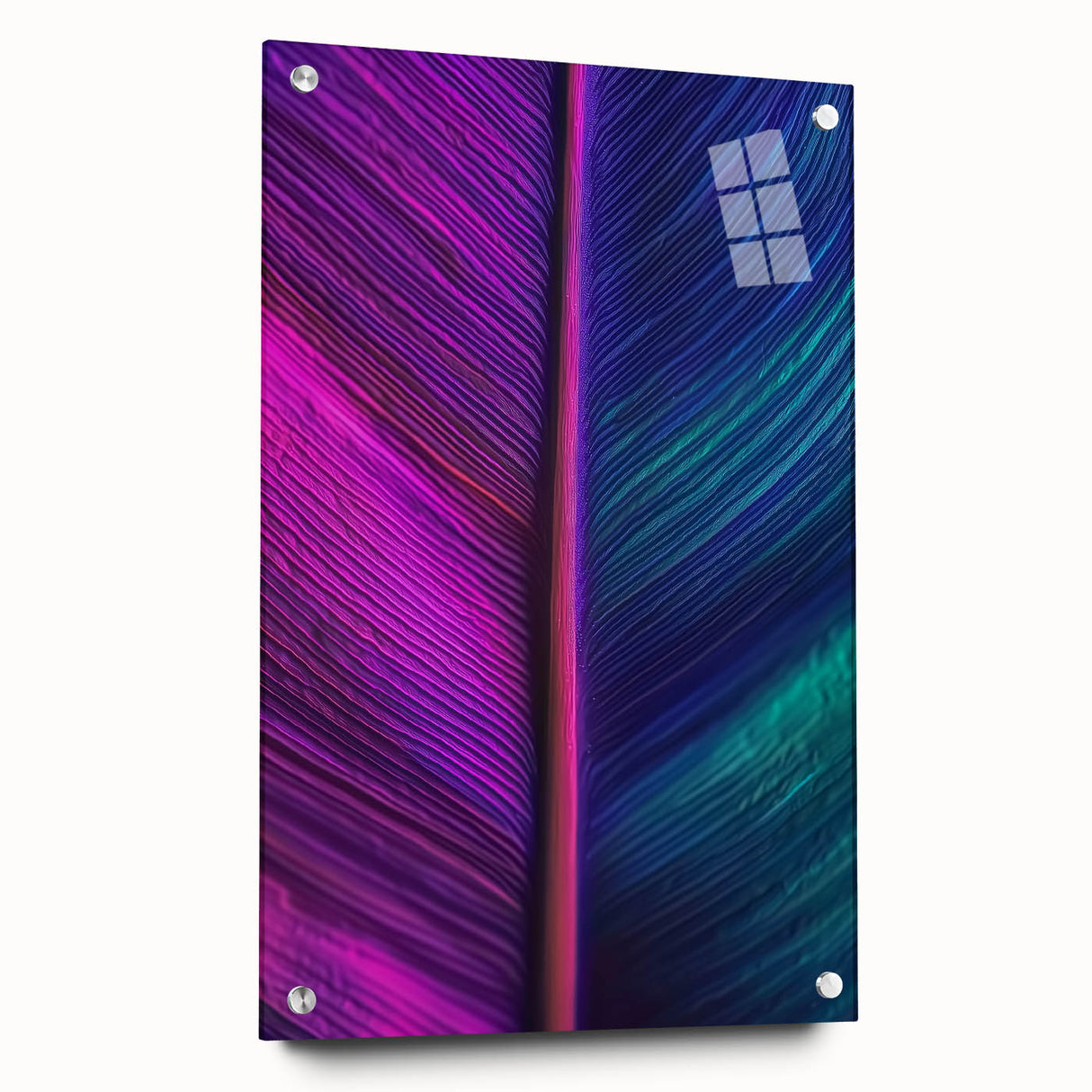 Large abstract wall art depicting close-up nature elements in vibrant greens and blues on acrylic glass.