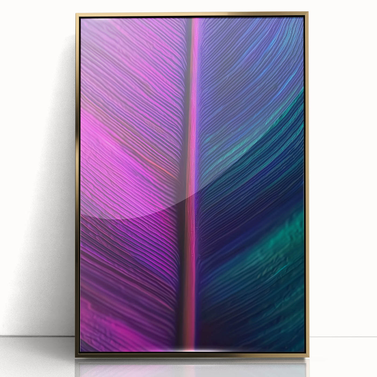 Large art print of a close-up botanical element in gold tones, framed in acrylic, reflecting mid-century modernist style.
